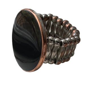 Round Black Silver Plated & Copper Stretch Band Ring Woman’s Costume Jewelry